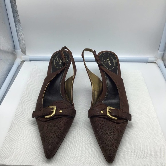PRADA brown leather low heel strap pumps women’s size 39.5 - Picture 3 of 16